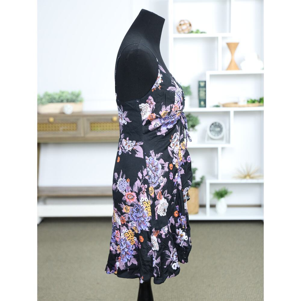 Free People Black Floral Mini Dress Boho Ruched Tie Front Festival Babydoll S - Picture 7 of 16
